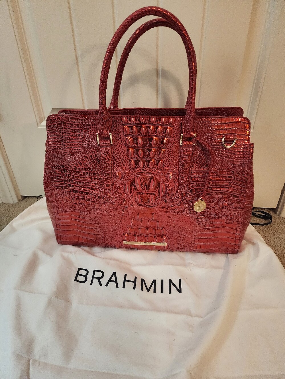 Brahmin Finley Carryall Red Dragon Melbourne Croc-Embossed Satchel NWT $395